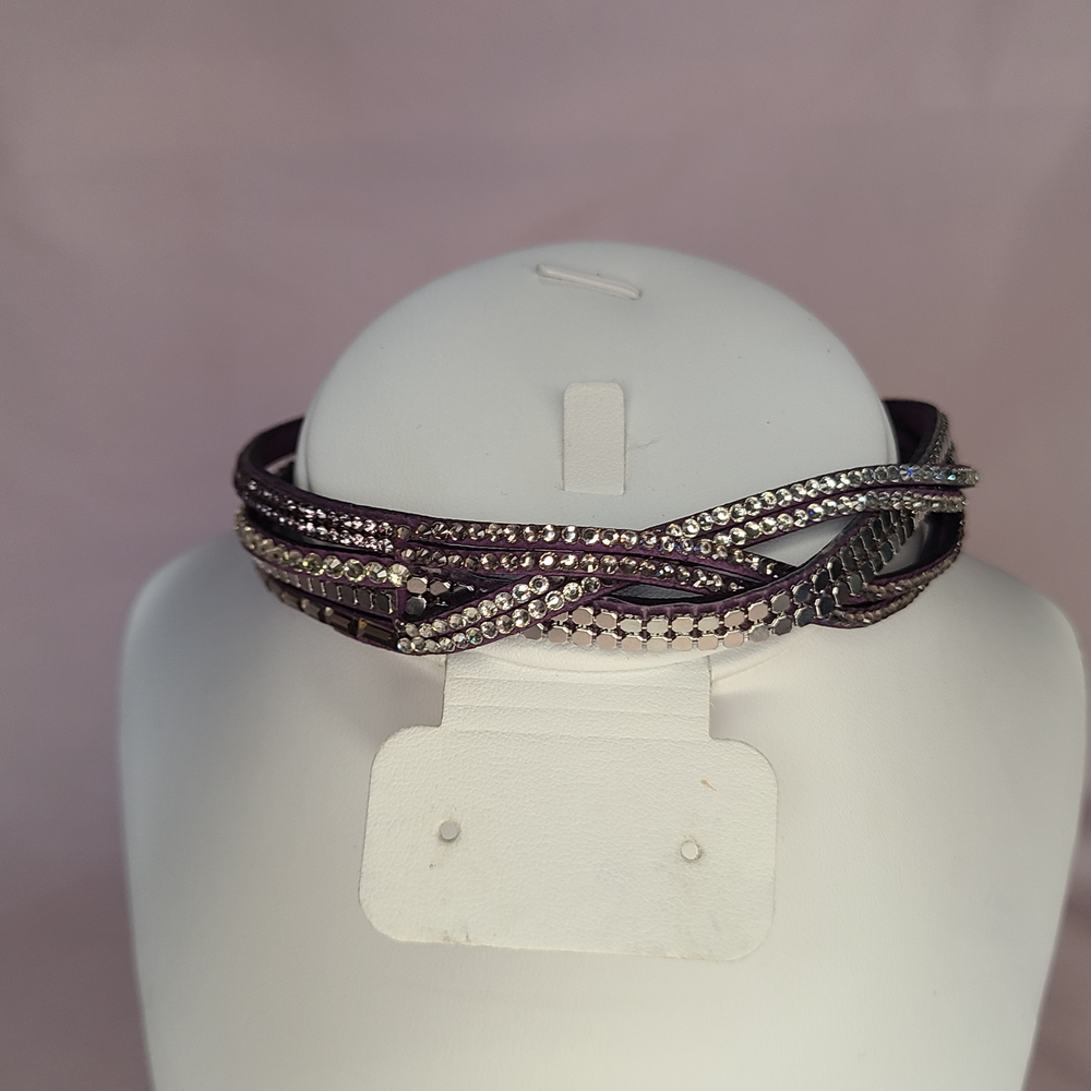 Faux Leather Deep Purple Rhinestone Layered Wide Bracelet Snap Closure Choker - Picture 3 of 8
